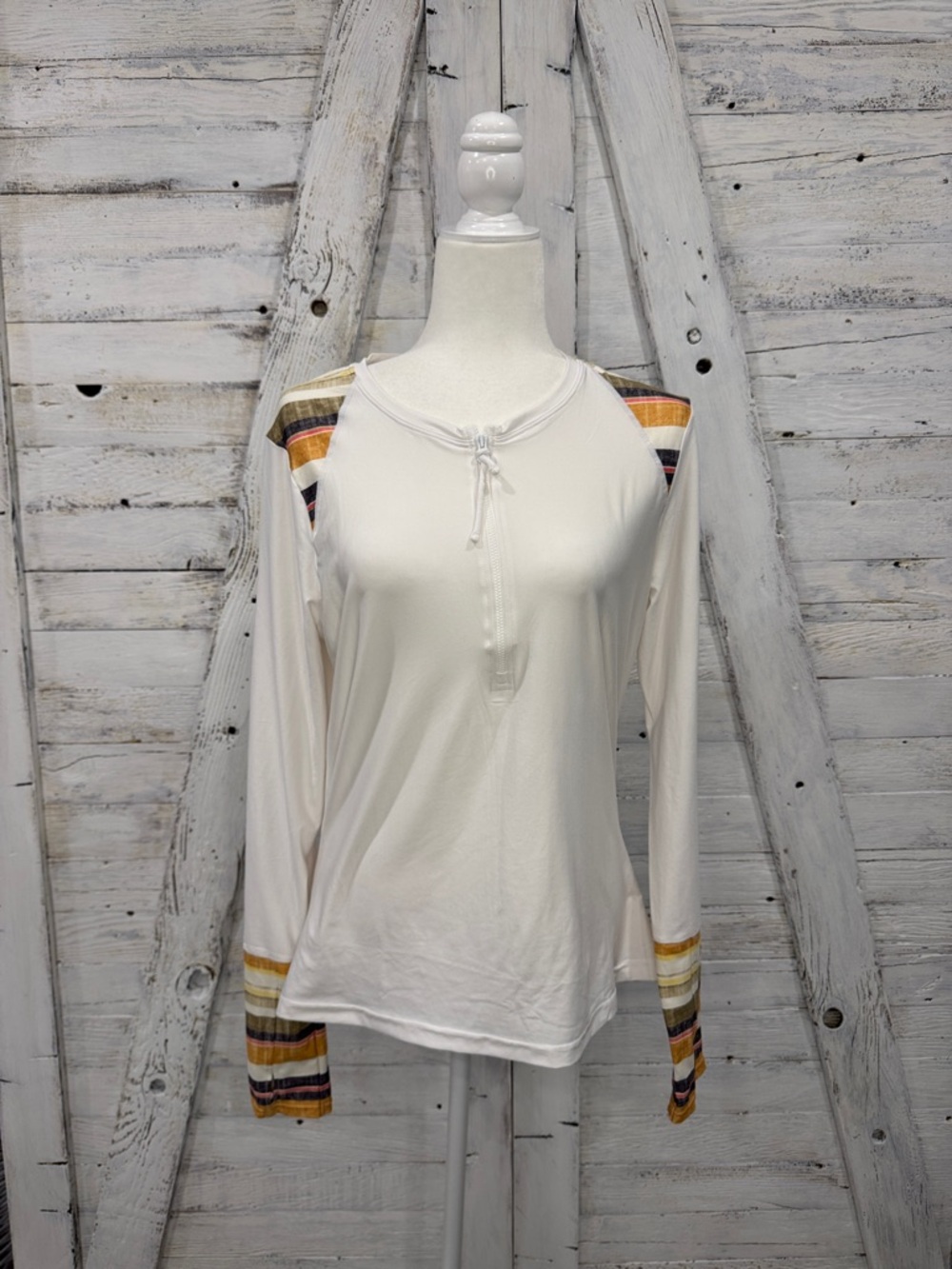 Prana Cream Long Sleeve Rash Guard Swim Shirt with Striped Accent